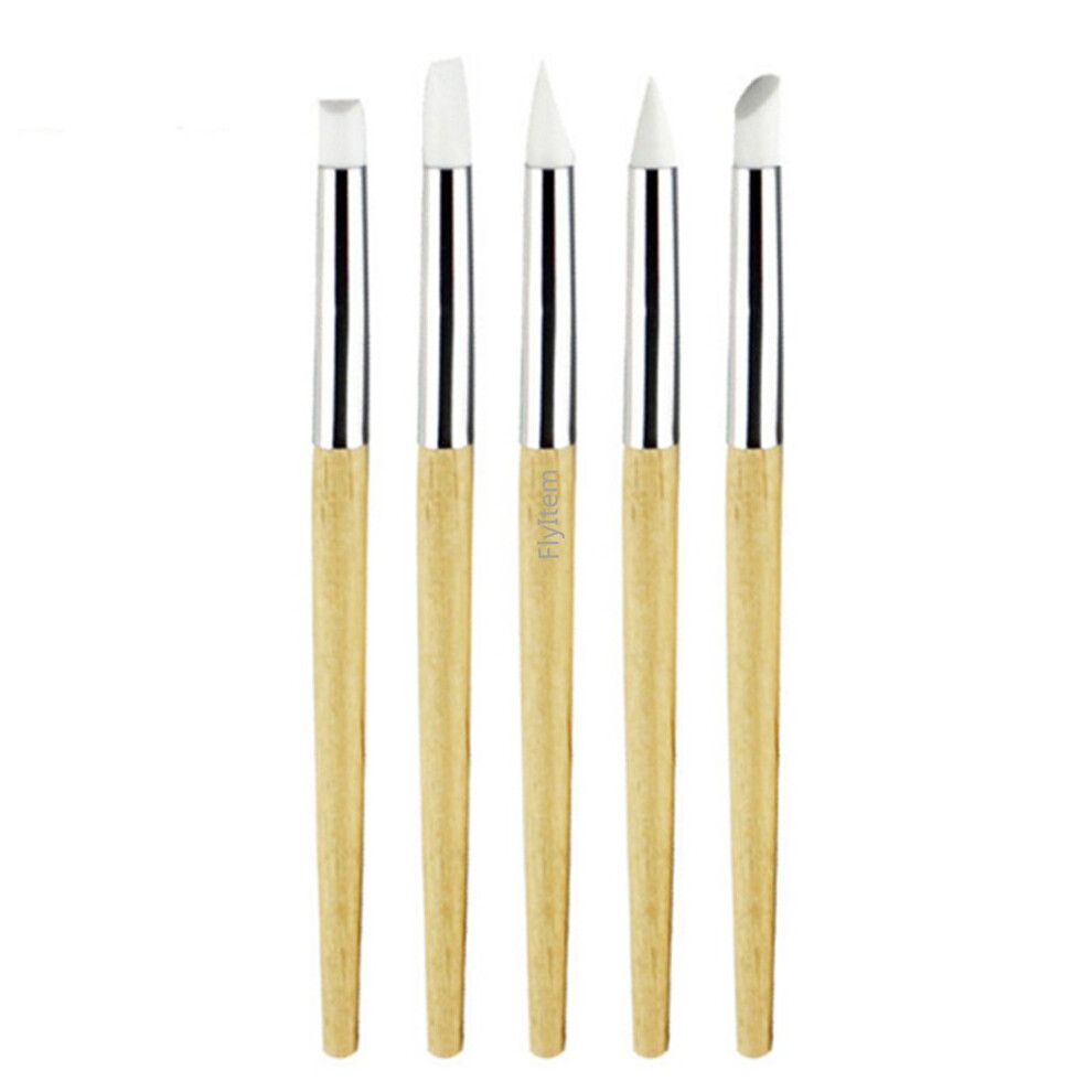 Professional 5pcs Silicone Nail Art Brush Set for Gel and Acrylic Nails with Wooden Handles