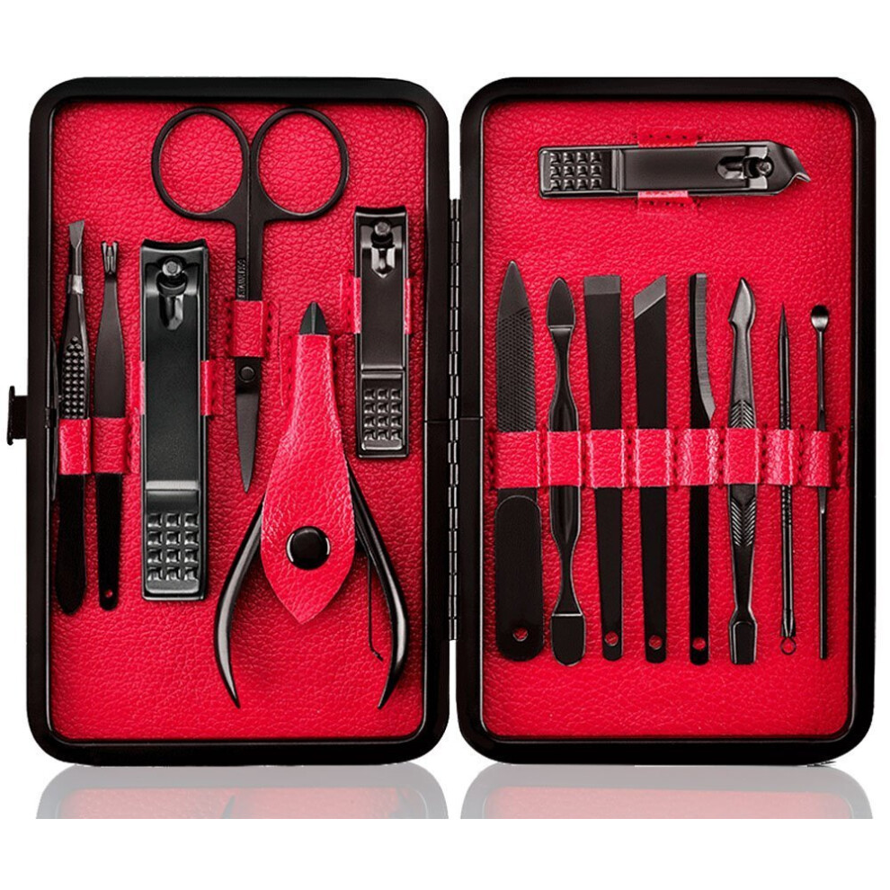 Red Manicure Set 15 Piece Stainless Steel Grooming Kit With Nail Clippers Sharp Blades Travel