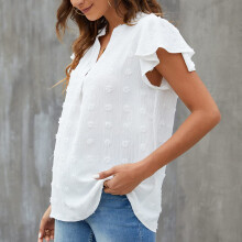 Damen weißes V-Ausschnitt Bluse mit Rüschenärmeln S-XXL | Atmungsaktives Polyester
