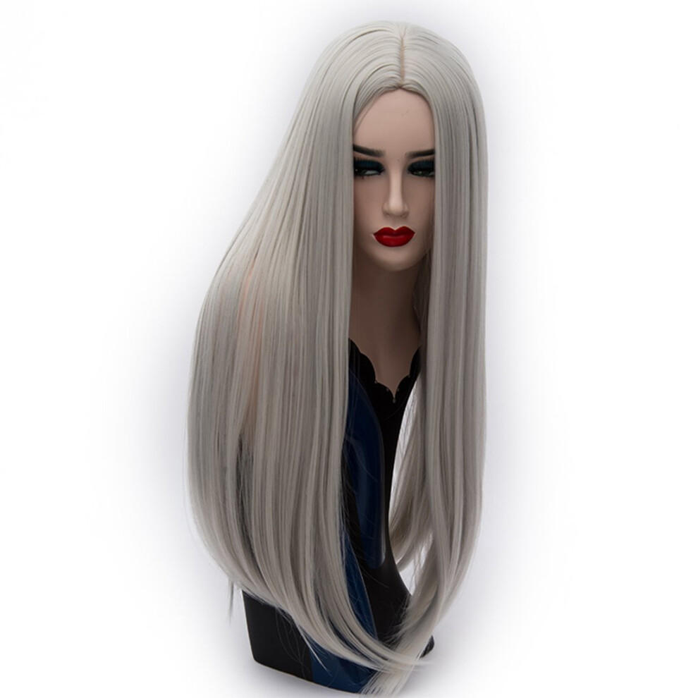 Unisex Silver 65Cm Long Straight Gray Synthetic Wig For Women, Heat Resistant With Wig Cap