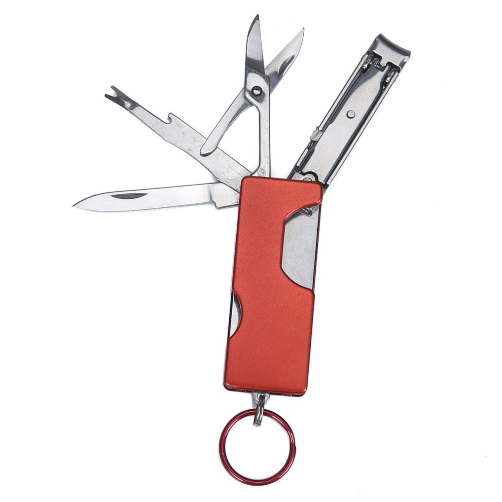 Red Multi Tool Keychain with Nail Clippers Scissors and Knife for Travel Grooming