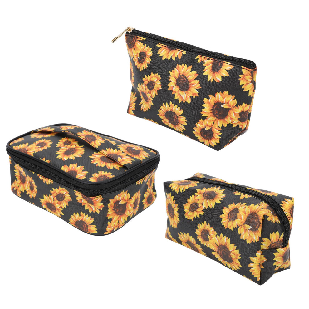 Gold 3Pcs Sunflower Waterproof Makeup Bags Portable Travel Toiletry Cosmetic Pouches