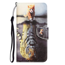 Leather Flip Wallet Case with Cat and Tiger Pattern, Shockproof, Magnetic Card Holder for Vivo Y22 Y35
