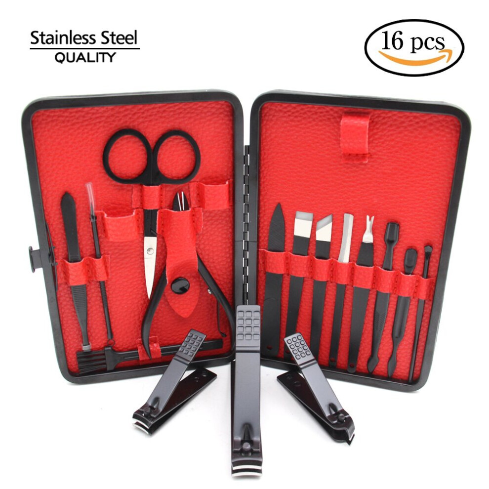 Manicure Pedicure Set 16in1 Stainless Steel Nail Clippers Kit with Travel Leather Case