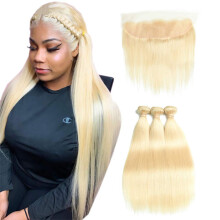 613 Blonde Hair Bundles with Lace Frontal Closure Straight Peruvian Virgin Hair 16 16 16+14