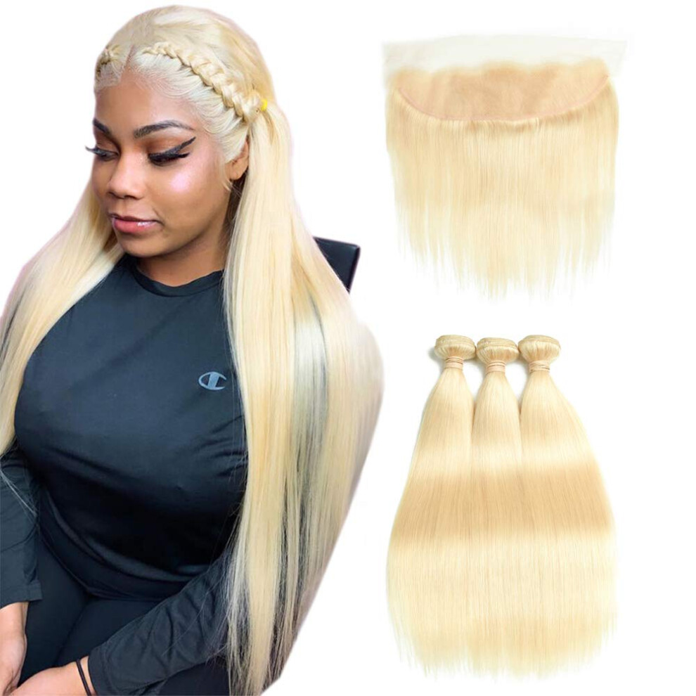 Unisex 613 Blonde Human Hair Bundles Peruvian Virgin Hair 3 Bundles With 13X4 Lace Frontal Closure