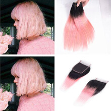 Ombre Pink Straight Human Hair Bundles with 4x4 Lace Closure, Virgin Grade 8A Natural Look