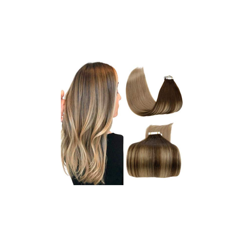 Unisex Brown Tape In Hair Extensions Balayage Dark To Ash Blonde Remy Human Hair Seamless Straight 18' 20Pcs