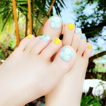 24PCS False Toenails with Adhesive Tabs Light Blue Flower Short Square Reusable Tips for Women