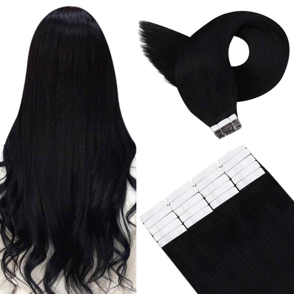 Unisex Black Tape In Hair Extensions Remy Human Hair Seamless Invisible Volume Boost 10Pcs 25G