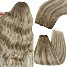 Human Hair Extensions Sew In Balayage Weft 22 Inch Remy Light Brown Mix Platinum Blonde