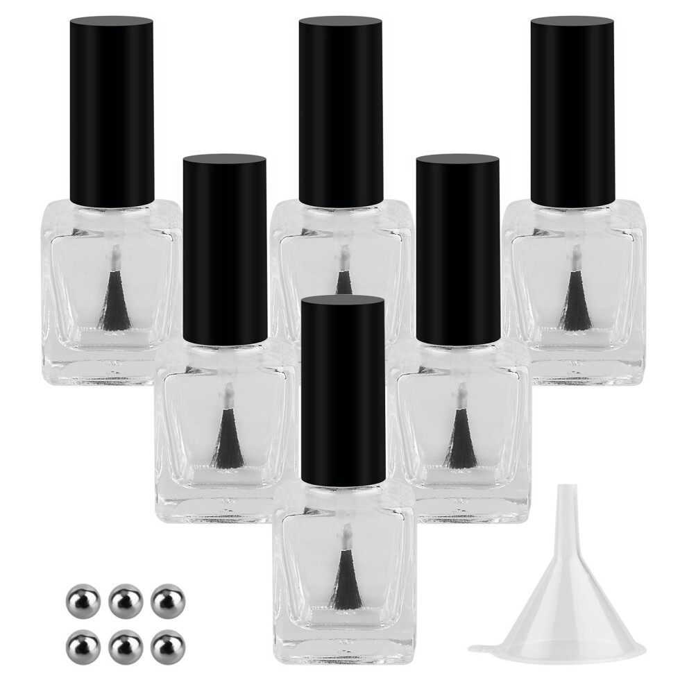 6PCS 15ml Empty Glass Nail Polish Bottles with Brush Cap Funnel and Mixing Balls for DIY Nail Art