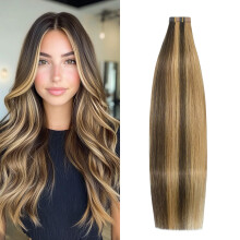 18 Inch Tape In Remy Human Hair Extensions Chocolate Brown to Caramel Blonde #4P27 Natural Blend