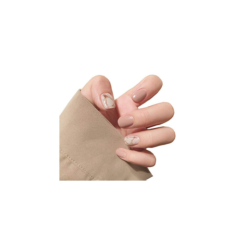 24pcs Khaki Marble Glossy Acrylic False Nails Tips Short Press On Nails with Glue and Tabs