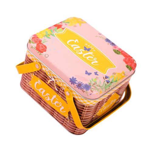 Easter Themed Metal Tin Basket With Handle For Holiday-D