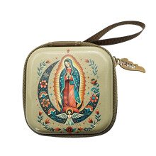 Rosary Pouch with Secure Zipper Closure, Square Bead Case for Catholic Travel, Guadalupe Design