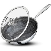 Wok Real Suíço Inox 3 Camadas 32 cm – Antiaderente Tipo Favo de Mel – Todos os Fogões Indução – Tampa de Vidro