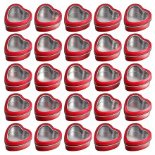 25Pack 2oz Heart Shaped Metal Tins with Clear Lids for Candles, Gifts and Party Favors (Red)