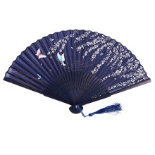 Folding bamboo lace hand fan, dark butterfly and white flower