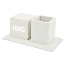 Wood Pen Holder Clock with Temperature & Calendar - Adjustable Brightness, Voice Control, LED Digital Alarm, White