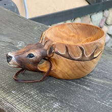 Handmade Wooden Pet Water Bowl with Animal Carving, Rustic Small EasyClean Design