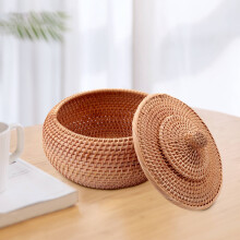 Round Rattan Box,Wicker Fruit Basket with Lid Bread Basket Tray Storage Basket Willow Woven Basket for Bread, Snack
