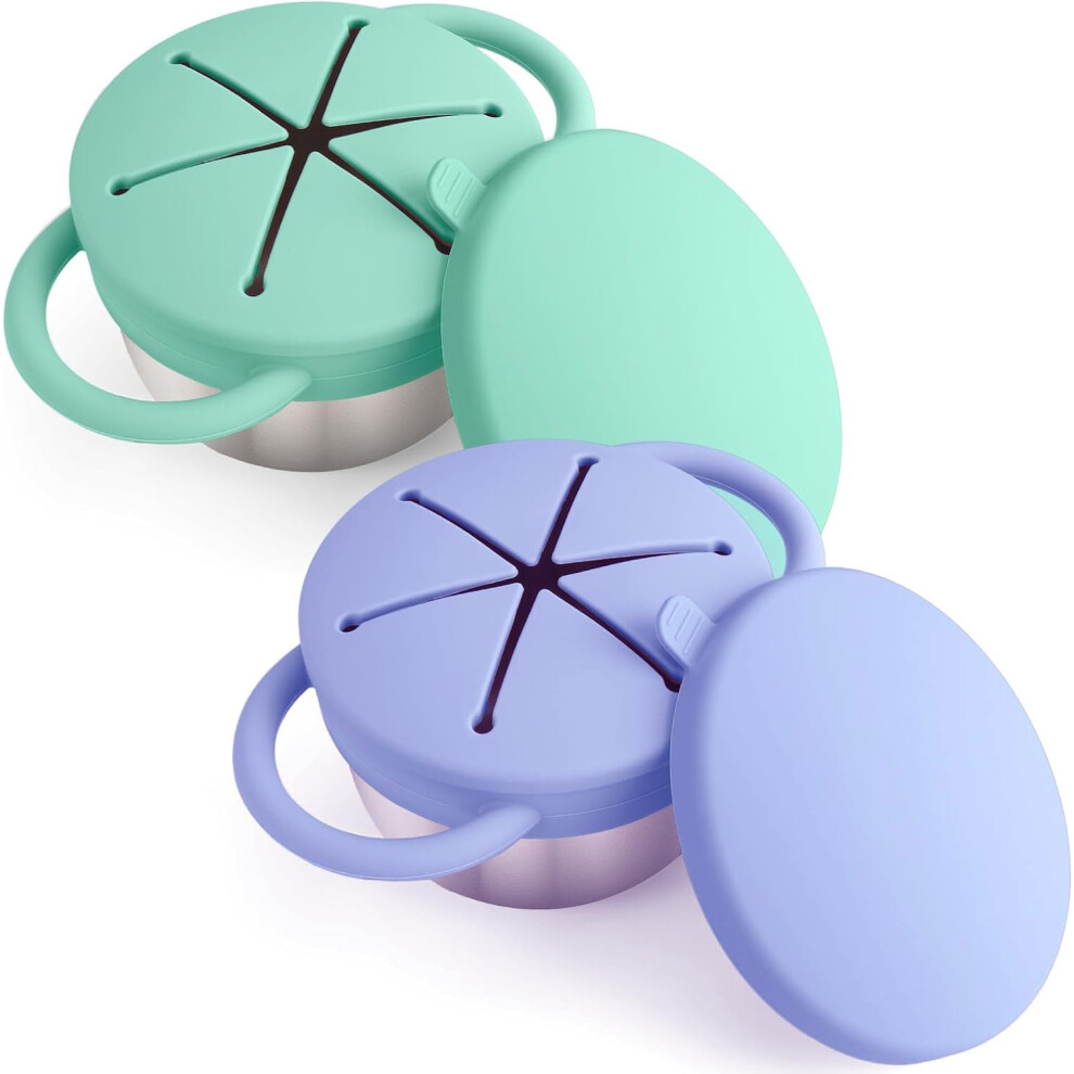 Stainless Steel Toddler Snack Cups with SpillProof Silicone Lid and Handles, 3in1 Travel Set 2 Pack