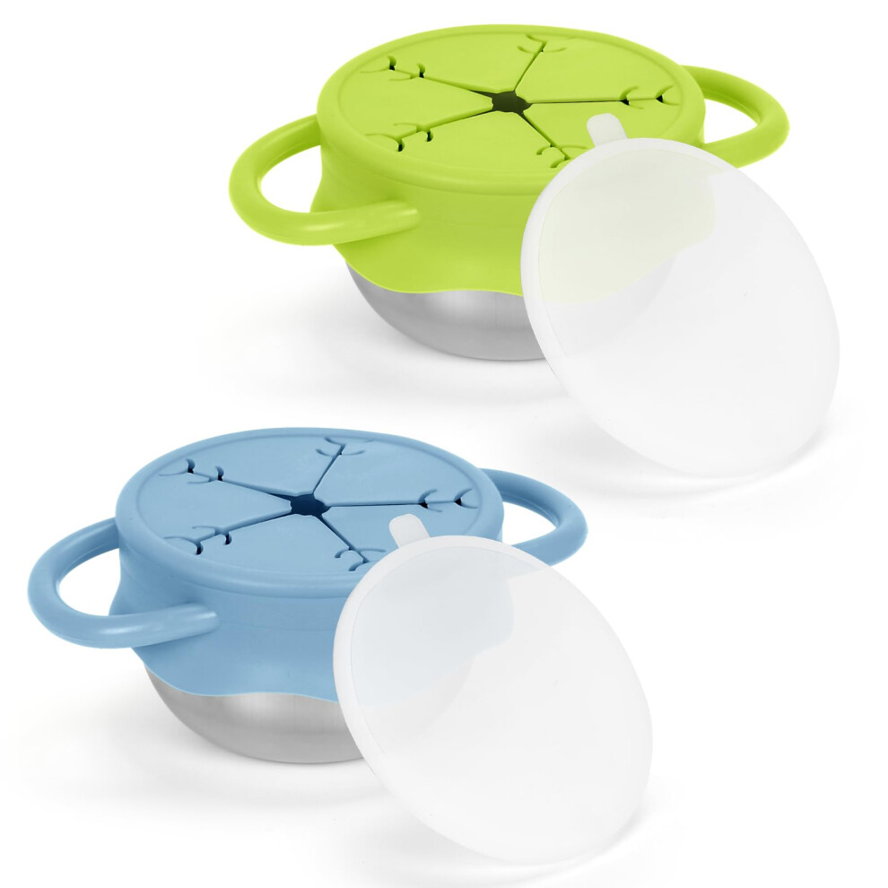 2 Pack Stainless Steel Toddler Snack Cups With Spill Proof Lids And Handles, Dishwasher Safe Blue/Green