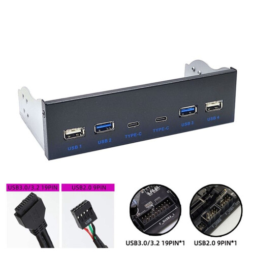Painel Frontal USB 3.0 para Desktop Compartimento de Unidade de CD-ROM de 5,25 Polegadas USB3.0/3.2 19 Pinos USB2.0 9 Pinos para 2x USB Tipo C+2x