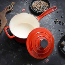Garden Sanctuary 2L Red Milk Pot Saucepan - Enameled Cast Iron, Long Handle Design
