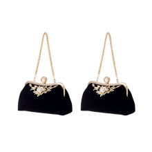 2X Female Diamond Pearl Handbag Vintage Crystal Flower Evening Bag Wedding Party Clutch Bag Purse(Black)