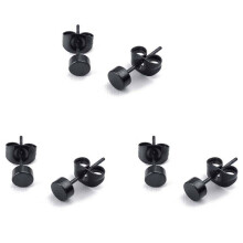 3mm Round Ear Studs, 6Pcs (3 Pair) - Stainless Steel - for Men - Color Black - with Gift Bag