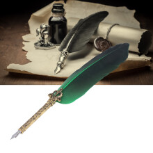 Elegant Green Zinc Alloy Feather Quill Pen for Calligraphy, 28x11.5cm