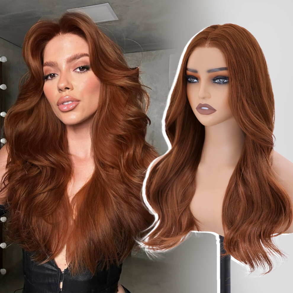 Unisex Red Auburn 22 Inch Synthetic Lace Front Wig Glueless Pre Plucked Natural Hairline Heat Resistant