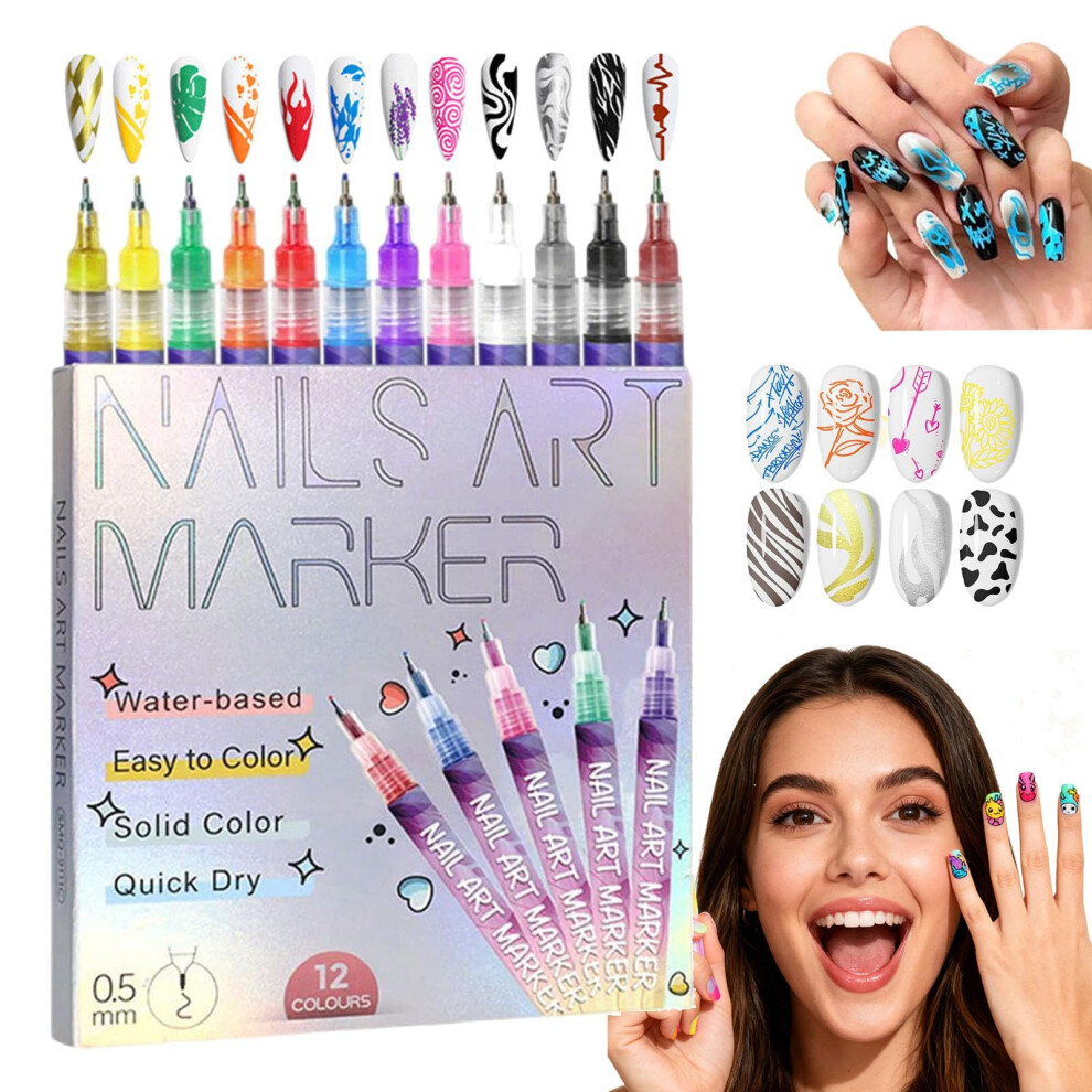 12 Colors Nail Art Pens Set with 0.5mm Tip, Waterproof QuickDry Nail Polish Pens for DIY Designs