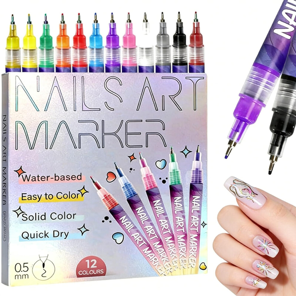 Nail Art Pens Set with Precise 0.5mm Tip, 12 Vibrant QuickDry Colors for DIY Nail Designs