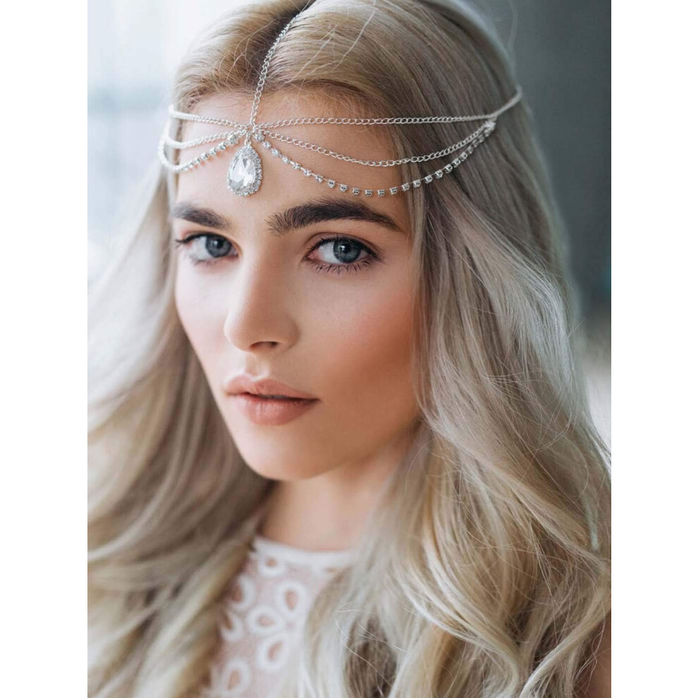 Luxury Nail Art Decorations and Crystal Silver Boho Head Chain for Women Festivals Weddings