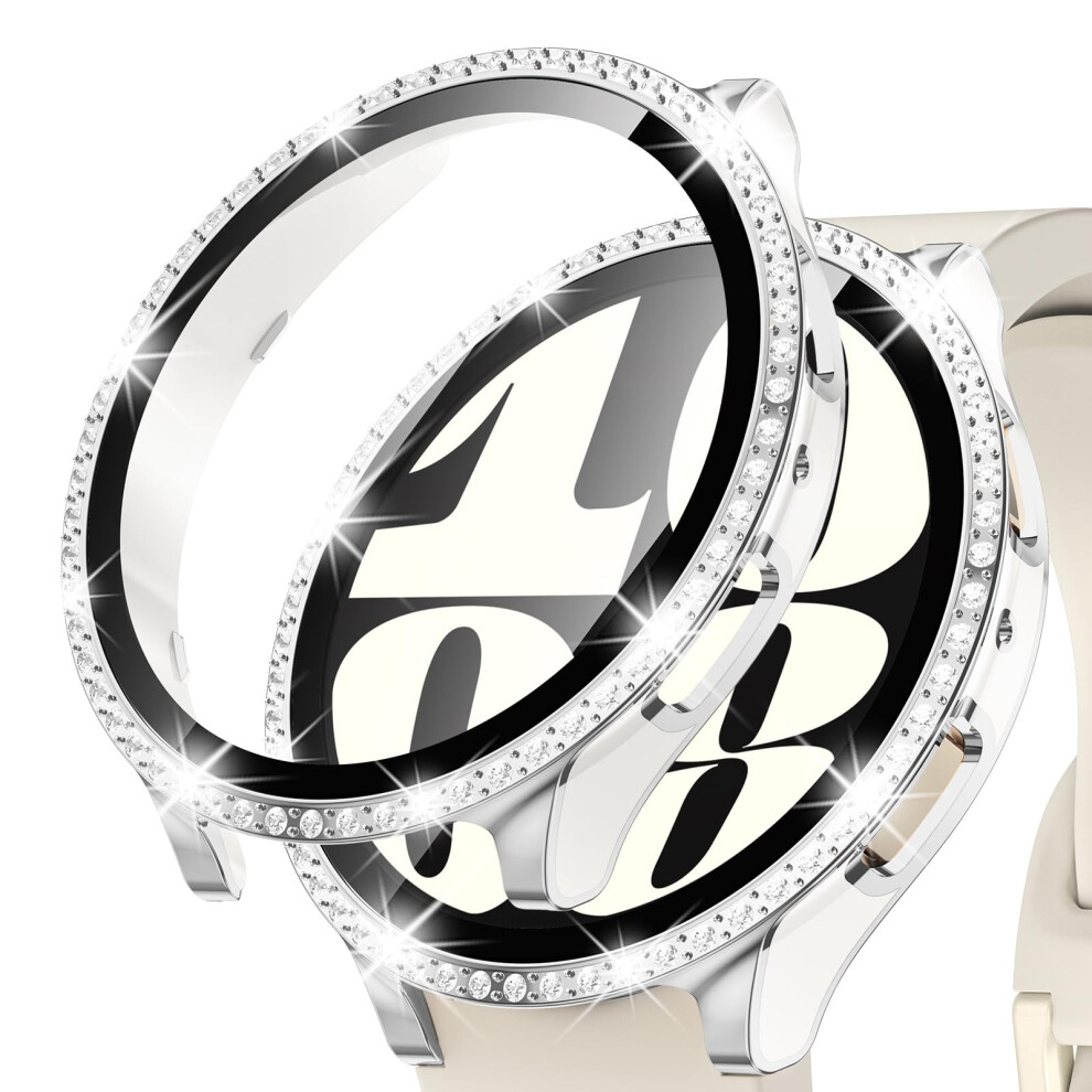 Glitter Case With 9H Tempered Glass Screen Protector White Silver For Samsung Galaxy Watch 6 44Mm White,Silver 9455672028608
