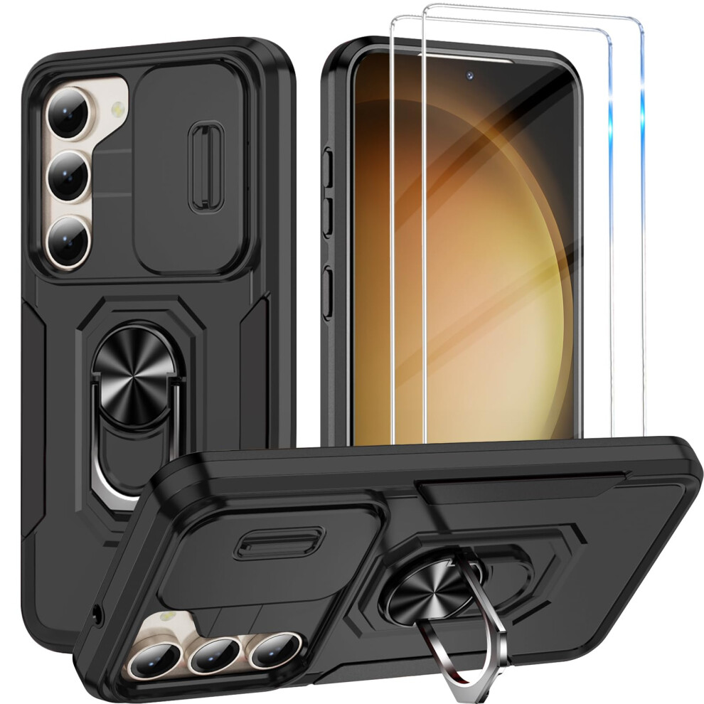 Case With Screen Protector, Slide Lens Cover, Ring Kickstand, Shockproof For Samsung Galaxy S23 Plus Black 9092120528800