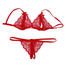 Women Sexy Lace Open Crotch Thongs G-String Lingerie Underwear + Bra Set HOT