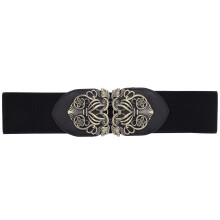 Mujeres Retro Flor Estiramiento Elastico Hebilla Ancha Cintura Cinturon Pretina (Negro)
