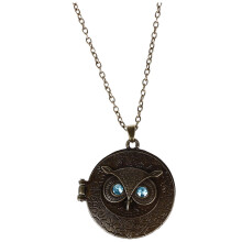 Antiqued Vintage Brass Owl Locket Long Pendant Necklace with Zircon Eye