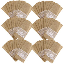 75Pcs Burlap Lace Cutlery Pouch Rustic Wedding Tableware Knife Fork Holder Bag Hessian Jute Table Decoration Accessories