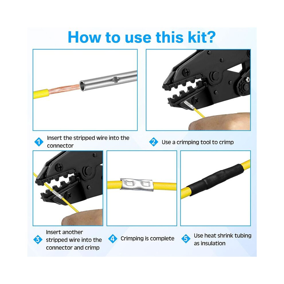 Uninsulated Butt Connector Kits Wire Butt Splice Connectors,Heat Shrink Tubing Kits Wire Crimping Tool For 26 To 6 Gauge 4712801171167