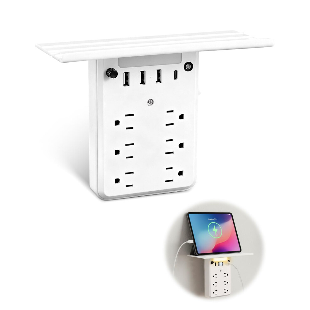 Wall Outlet Extender Surge Protector With Usbc, Night Light, Shelf And 6 Wide Ac Outlets For Home 9455672031585