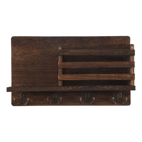 Entryway Mail Envelope Organizer with 4 Key Hooks Wall Mounted, Rustic Wood Mail Holder Shelf with Key Hooks for Wall