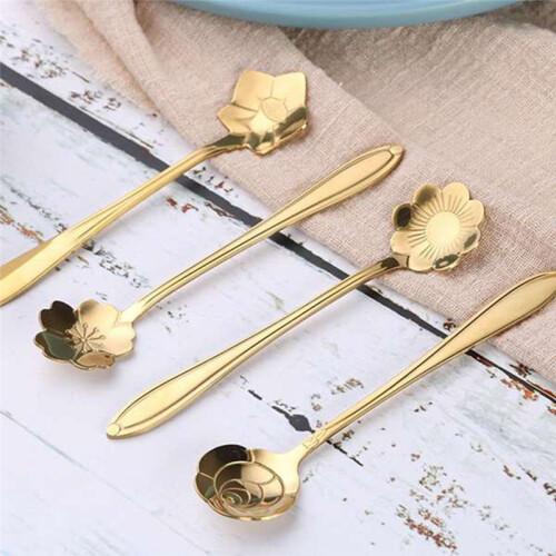 Cucharillas de Acero Inoxidable con Forma de Flor, para Postre, Café, Color Dorado, con Diseño  Sakura. 1