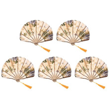 5X Classic Style Peony Flower Fabric Bamboo Folding Dance Hand Fan Beige