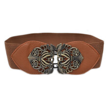 Women's Retro Flower Elastic Stretch Buckle Wide Waist Belt Waistband (Light tan)