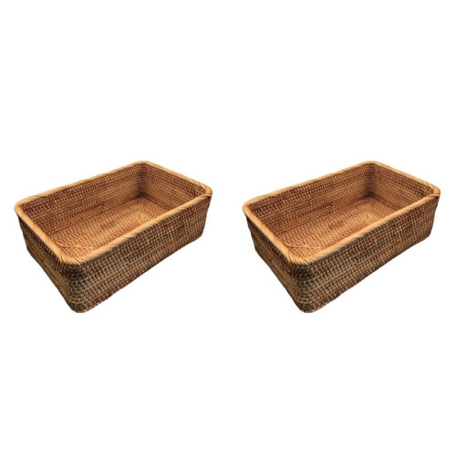 2X Hand-Woven Rattan Wicker Basket Fruit Tea Snack Bread Basket Cosmetic Rectangular Storage Box L